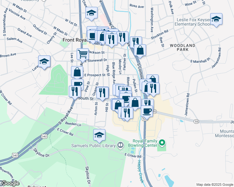 map of restaurants, bars, coffee shops, grocery stores, and more near 352 Blue Ridge Avenue in Front Royal