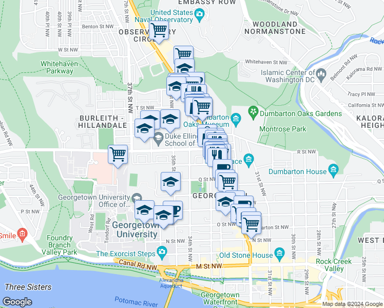 map of restaurants, bars, coffee shops, grocery stores, and more near 1671 34th Street Northwest in Washington