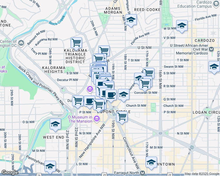 map of restaurants, bars, coffee shops, grocery stores, and more near 1904 R Street Northwest in Washington