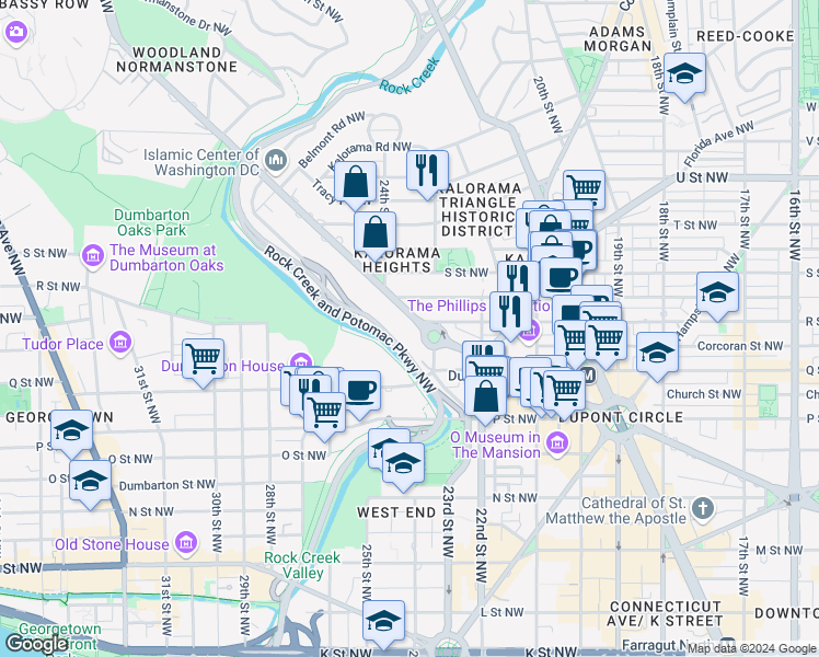 map of restaurants, bars, coffee shops, grocery stores, and more near 2328 Massachusetts Avenue Northwest in Washington