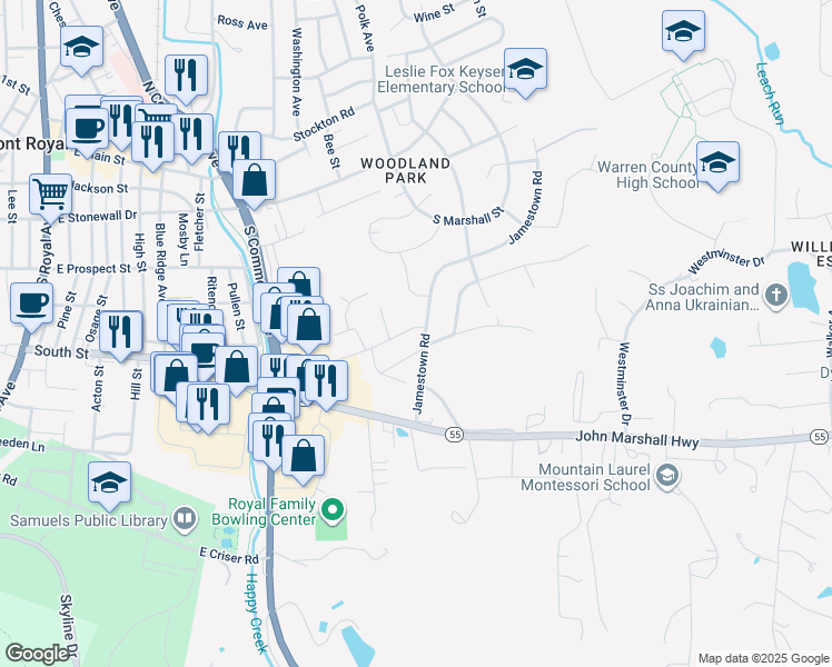 map of restaurants, bars, coffee shops, grocery stores, and more near 23 Portsmouth Road in Front Royal