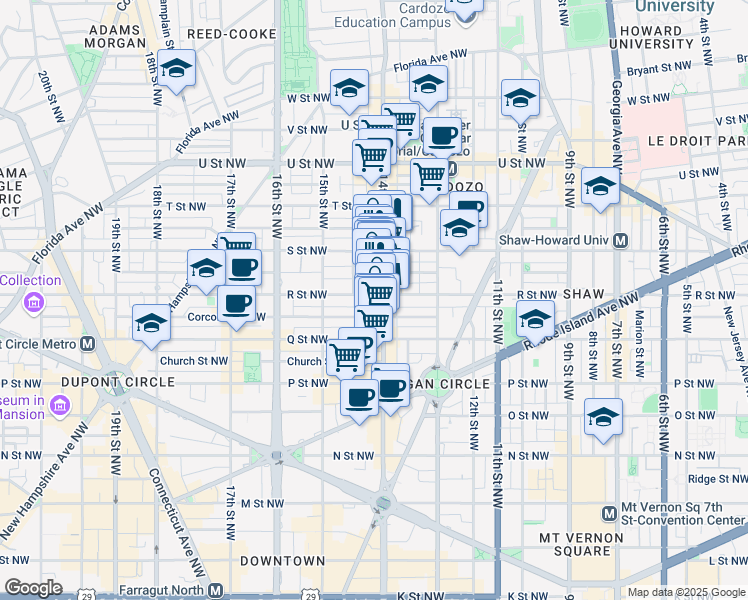 map of restaurants, bars, coffee shops, grocery stores, and more near 1634 14th Street Northwest in Washington