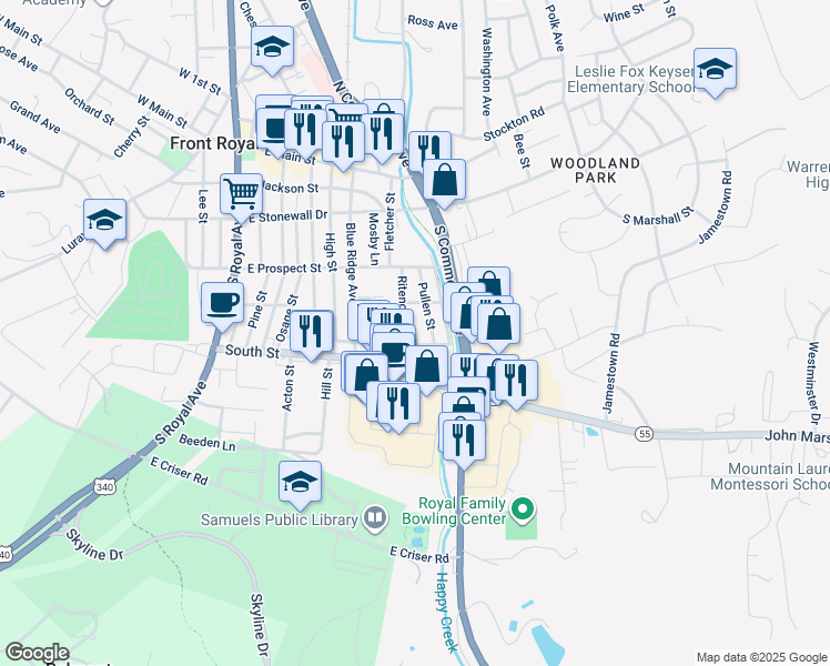 map of restaurants, bars, coffee shops, grocery stores, and more near 510 Short Street in Front Royal