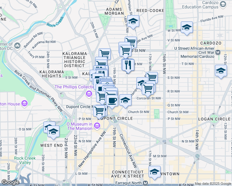map of restaurants, bars, coffee shops, grocery stores, and more near 1830 R Street Northwest in Washington