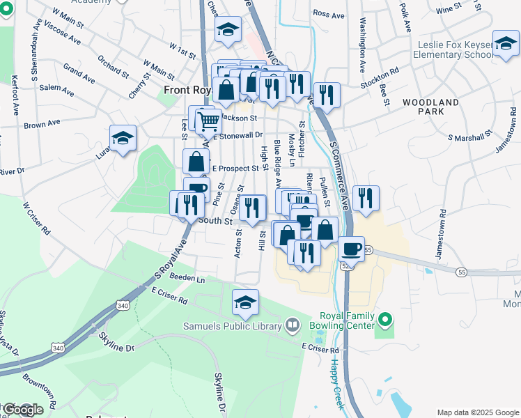 map of restaurants, bars, coffee shops, grocery stores, and more near 226 Short Street in Front Royal