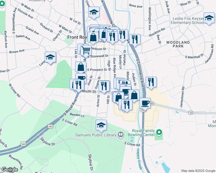 map of restaurants, bars, coffee shops, grocery stores, and more near 228 Short Street in Front Royal