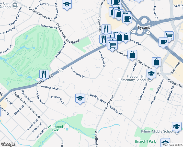 map of restaurants, bars, coffee shops, grocery stores, and more near 1919 Gables Lane in Vienna