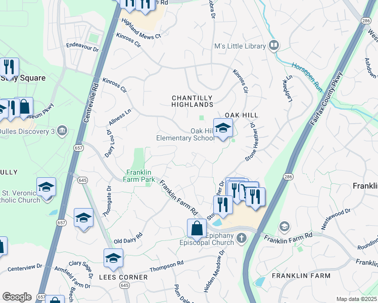map of restaurants, bars, coffee shops, grocery stores, and more near 13485 Old Dairy Court in Herndon