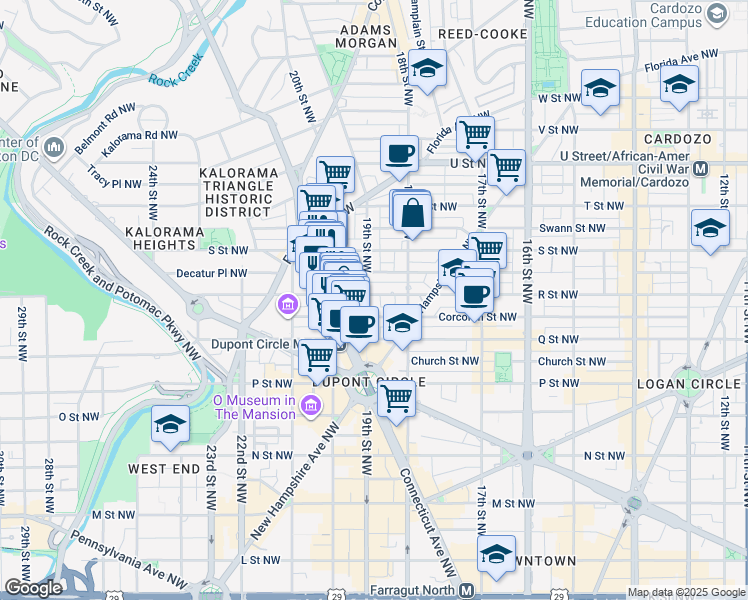 map of restaurants, bars, coffee shops, grocery stores, and more near 1830 R Street Northwest in Washington