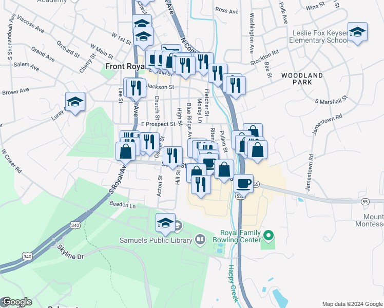 map of restaurants, bars, coffee shops, grocery stores, and more near 352 Blue Ridge Avenue in Front Royal