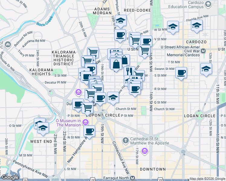 map of restaurants, bars, coffee shops, grocery stores, and more near 1616 18th Street Northwest in Washington