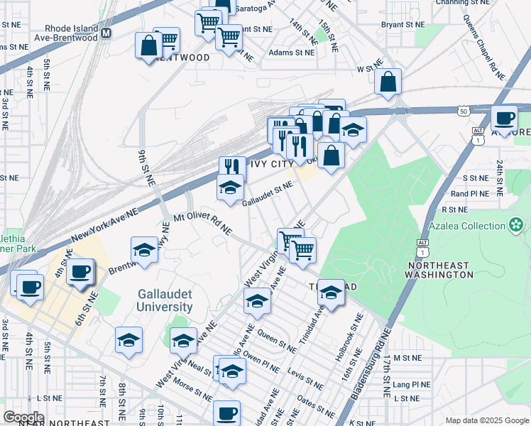 map of restaurants, bars, coffee shops, grocery stores, and more near 1849 Kendall Street Northeast in Washington