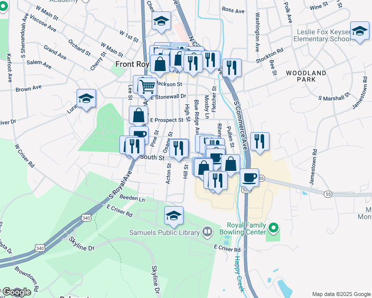 map of restaurants, bars, coffee shops, grocery stores, and more near 228 Short Street in Front Royal