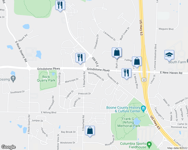 map of restaurants, bars, coffee shops, grocery stores, and more near 2500 Northampton Drive in Columbia