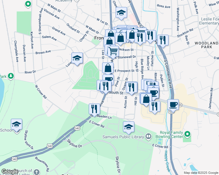 map of restaurants, bars, coffee shops, grocery stores, and more near 10 South Street in Front Royal