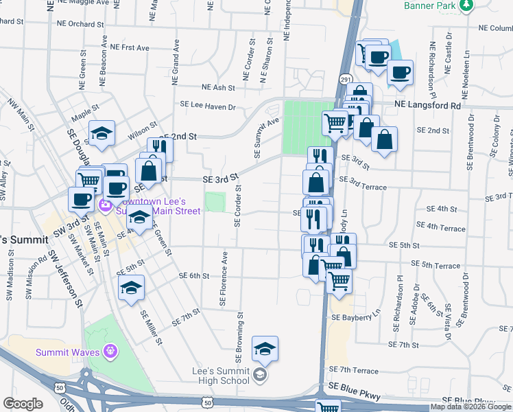map of restaurants, bars, coffee shops, grocery stores, and more near 508 Southeast Morningside Drive in Lee's Summit