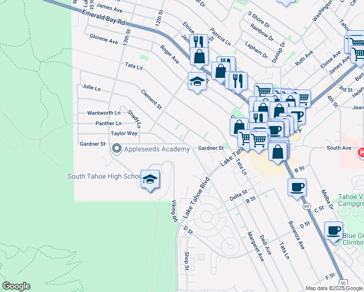 map of restaurants, bars, coffee shops, grocery stores, and more near 878 Gardner Street in South Lake Tahoe