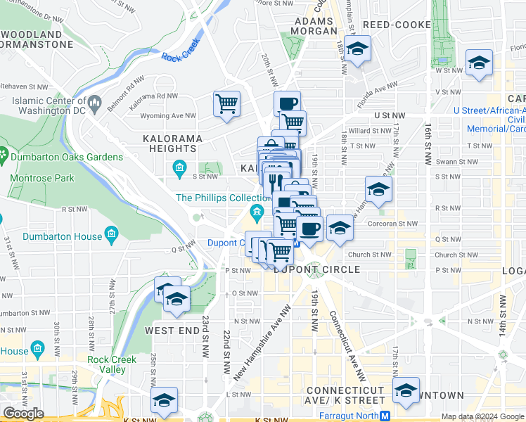 map of restaurants, bars, coffee shops, grocery stores, and more near 2100 R Street Northwest in Washington
