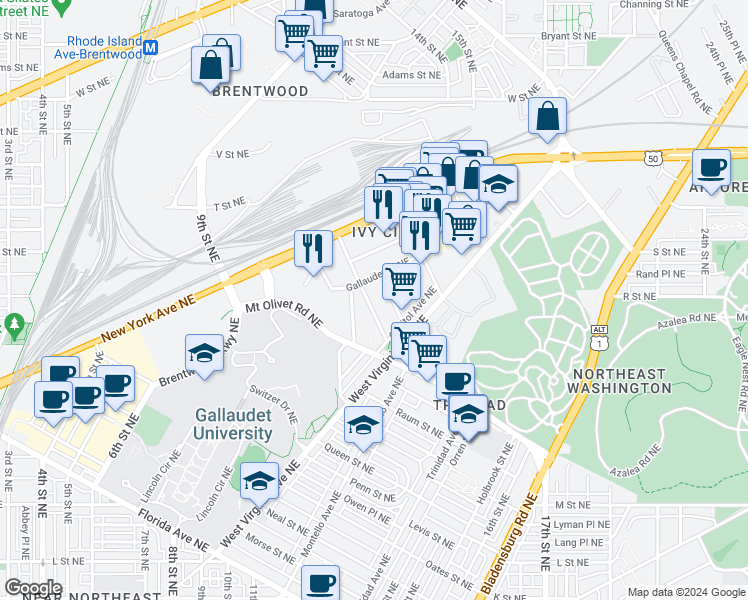 map of restaurants, bars, coffee shops, grocery stores, and more near 1849 Kendall Street Northeast in Washington