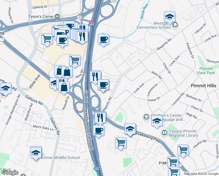 map of restaurants, bars, coffee shops, grocery stores, and more near 7855 Enola Street in McLean
