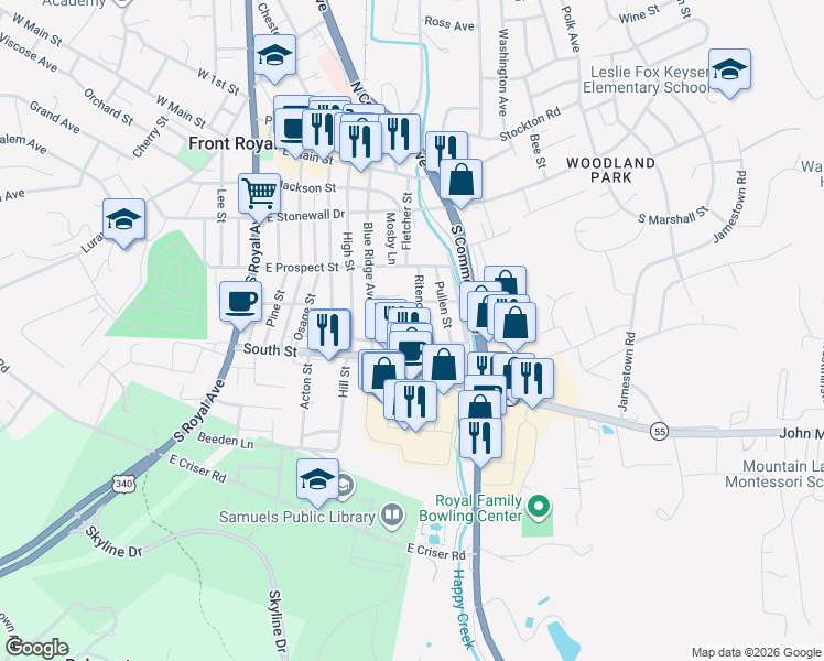 map of restaurants, bars, coffee shops, grocery stores, and more near 339 Ritenour Street in Front Royal