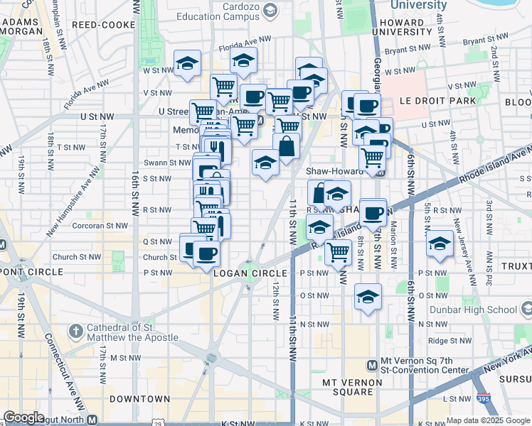 map of restaurants, bars, coffee shops, grocery stores, and more near 1212 R Street Northwest in Washington