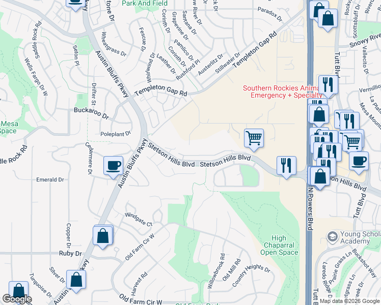 map of restaurants, bars, coffee shops, grocery stores, and more near 5305 Appaloosa Drive in Colorado Springs