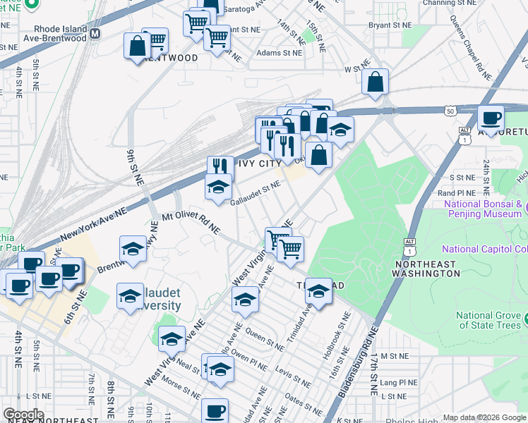 map of restaurants, bars, coffee shops, grocery stores, and more near 101 Independence Avenue Southeast in Washington