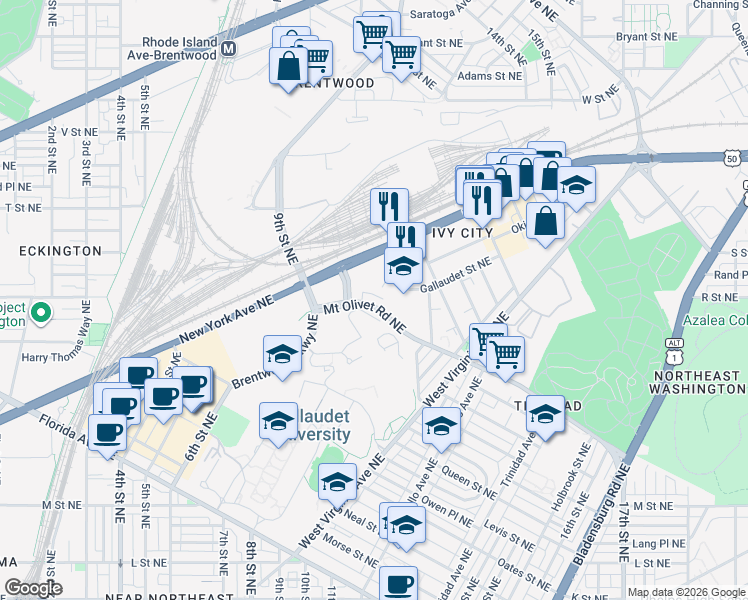 map of restaurants, bars, coffee shops, grocery stores, and more near 966 Mount Olivet Road Northeast in Washington