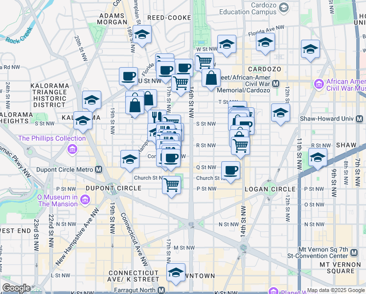 map of restaurants, bars, coffee shops, grocery stores, and more near 1608 R Street Northwest in Washington