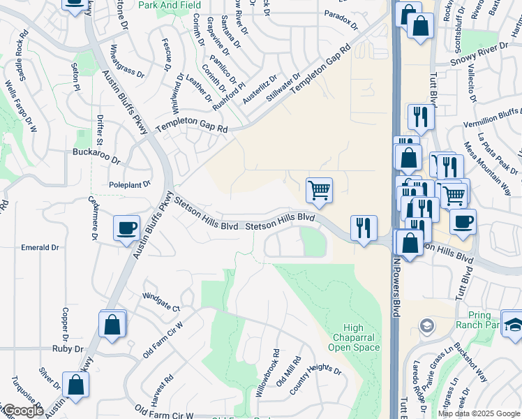 map of restaurants, bars, coffee shops, grocery stores, and more near 5345 Appaloosa Drive in Colorado Springs