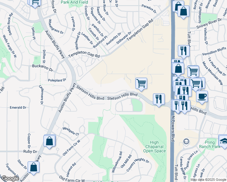 map of restaurants, bars, coffee shops, grocery stores, and more near 5345 Appaloosa Drive in Colorado Springs