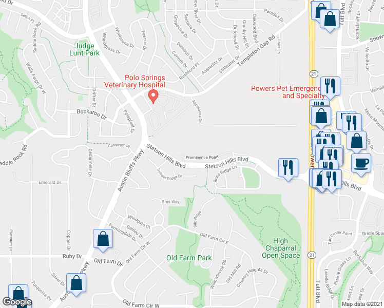 map of restaurants, bars, coffee shops, grocery stores, and more near 5305 Appaloosa Drive in Colorado Springs