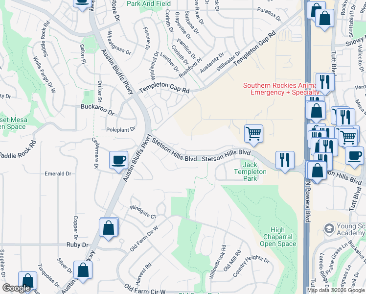 map of restaurants, bars, coffee shops, grocery stores, and more near 5305 Appaloosa Drive in Colorado Springs