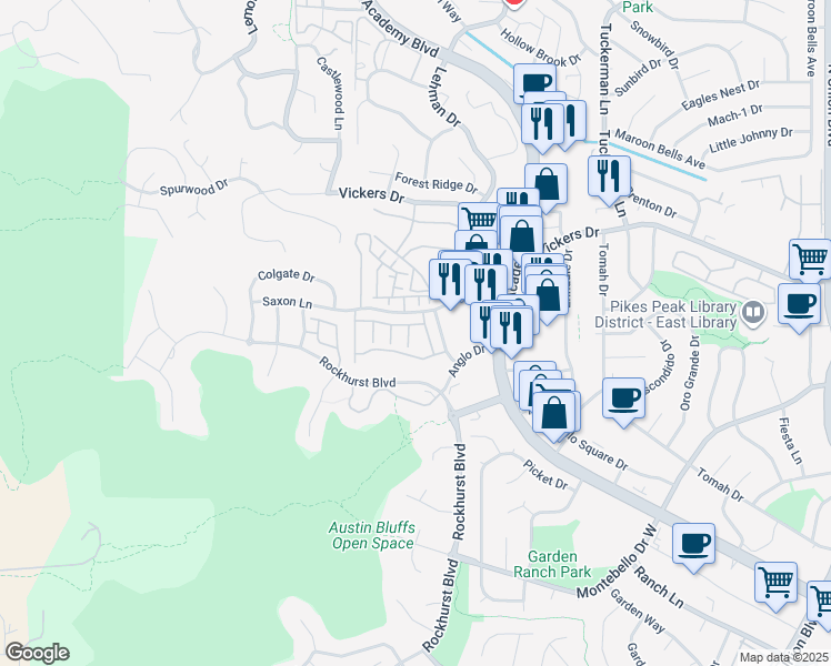 map of restaurants, bars, coffee shops, grocery stores, and more near 1812 Erin Loop in Colorado Springs