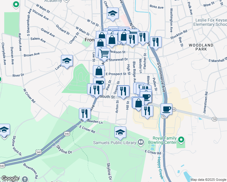 map of restaurants, bars, coffee shops, grocery stores, and more near 355 Osage Street in Front Royal