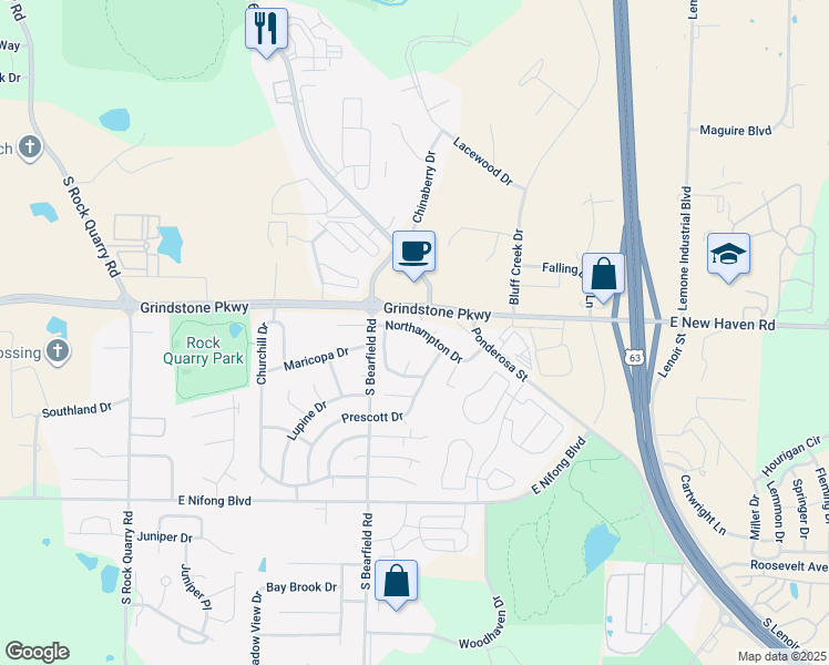map of restaurants, bars, coffee shops, grocery stores, and more near 2417 Northampton Drive in Columbia