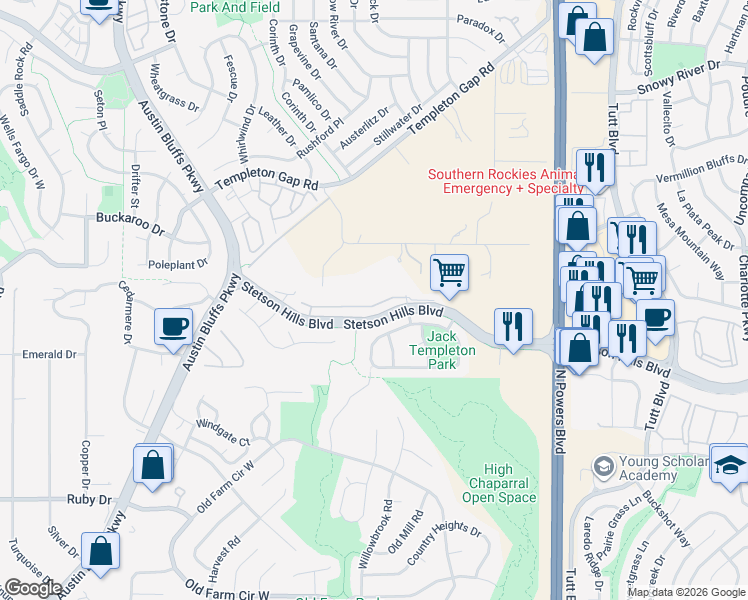 map of restaurants, bars, coffee shops, grocery stores, and more near 5420 Prominence Point in Colorado Springs
