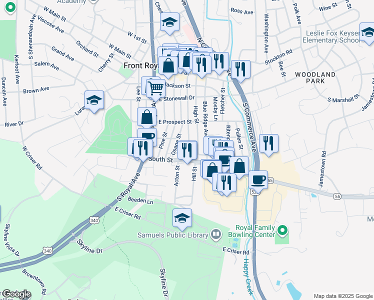map of restaurants, bars, coffee shops, grocery stores, and more near 355 Cloud Street in Front Royal