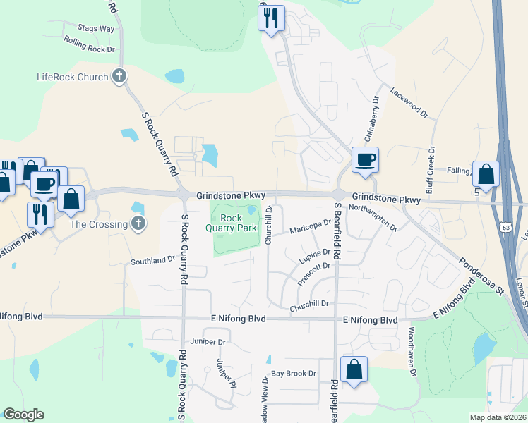 map of restaurants, bars, coffee shops, grocery stores, and more near 3400 Churchill Drive in Columbia