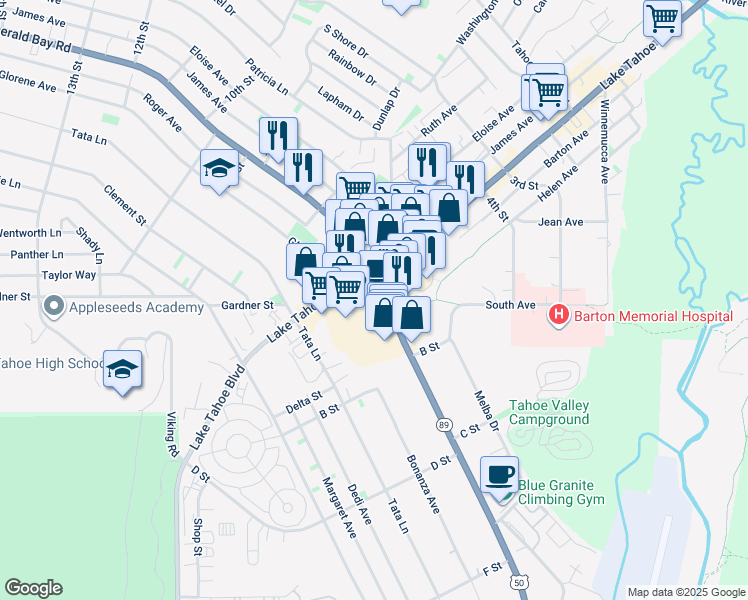 map of restaurants, bars, coffee shops, grocery stores, and more near 1020 Emerald Bay Road in South Lake Tahoe
