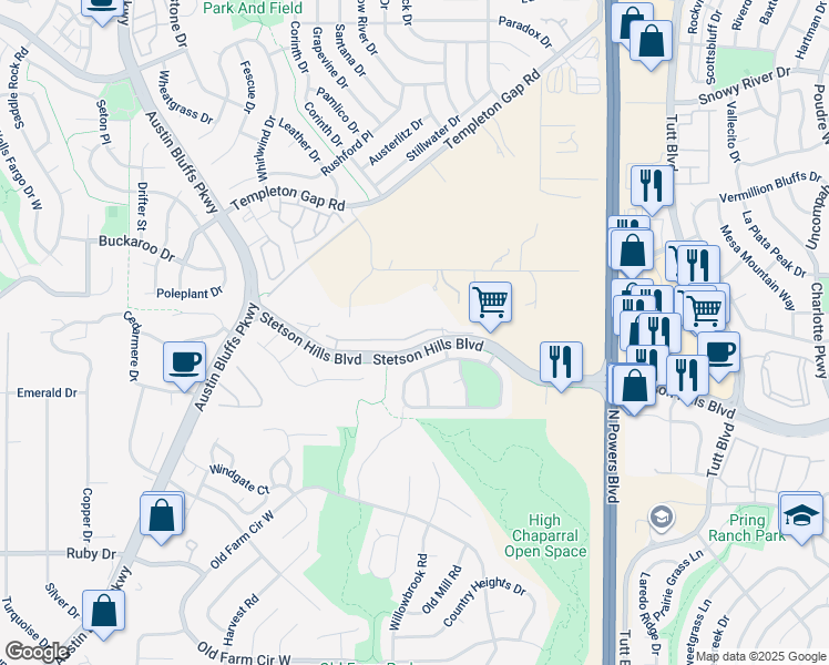 map of restaurants, bars, coffee shops, grocery stores, and more near 5420 Prominence Point in Colorado Springs