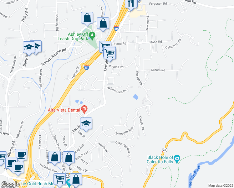 map of restaurants, bars, coffee shops, grocery stores, and more near 162 Hidden Glen Drive in Auburn