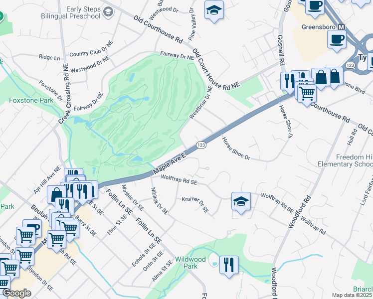 map of restaurants, bars, coffee shops, grocery stores, and more near Maple Ave E & Westbriar Dr NE in Vienna