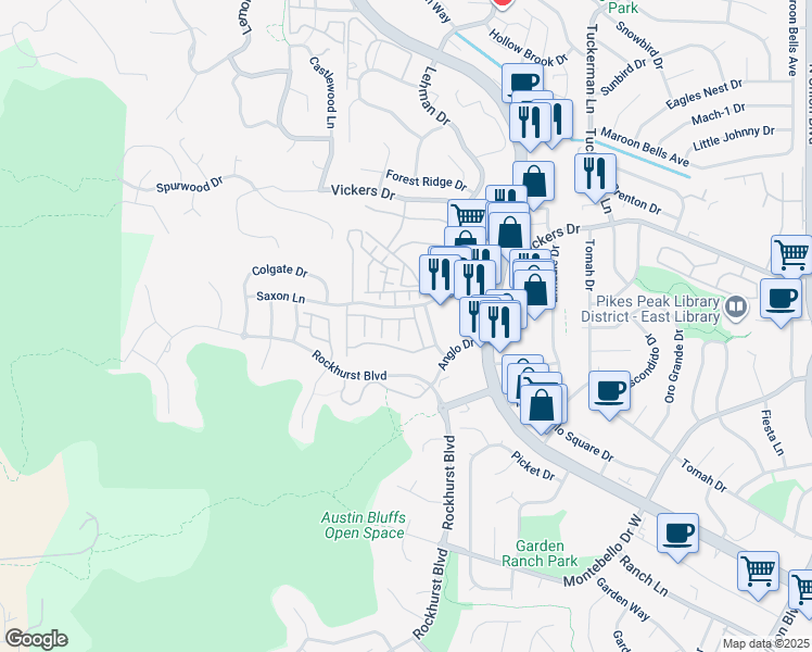 map of restaurants, bars, coffee shops, grocery stores, and more near 1812 Erin Loop in Colorado Springs