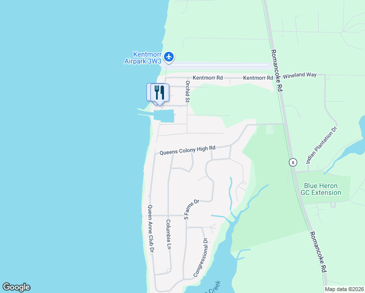 map of restaurants, bars, coffee shops, grocery stores, and more near 312 Queens Colony High Road in Stevensville
