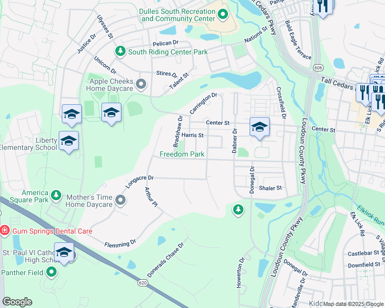 map of restaurants, bars, coffee shops, grocery stores, and more near 25475 Gimbel Drive in Chantilly