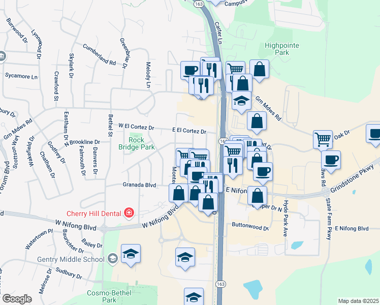 map of restaurants, bars, coffee shops, grocery stores, and more near 3417 Madrid Lane in Columbia