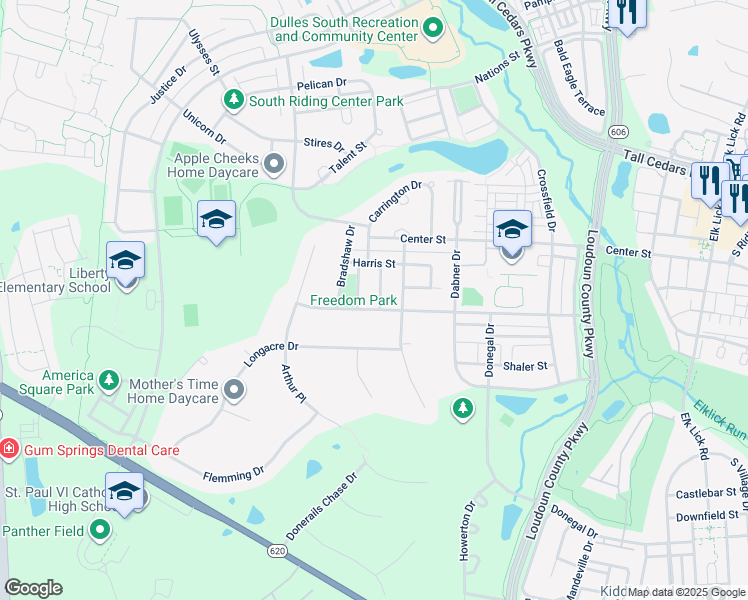 map of restaurants, bars, coffee shops, grocery stores, and more near 25475 Gimbel Drive in Chantilly