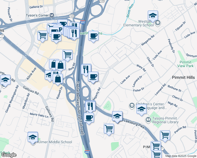 map of restaurants, bars, coffee shops, grocery stores, and more near 7855 Enola Street in McLean